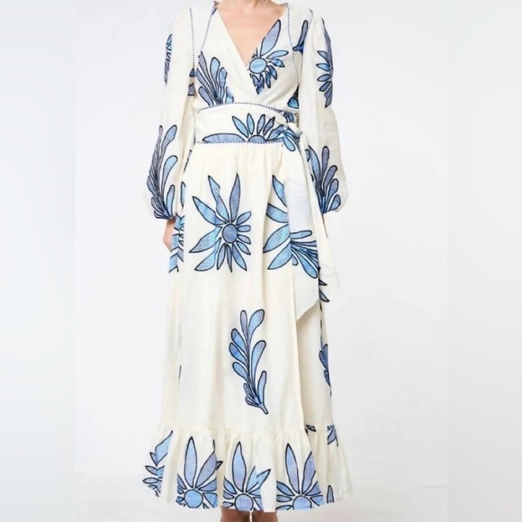 CIEBON Delphi Embroidered Long Full Sleeve Wrap Maxi Dress Blue Sz S NWT - Picture 4 of 4